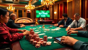 High-stakes poker scene featuring action at https://dabet.homes, showcasing players and vibrant casino elements.