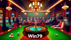 Win79 players enjoying dynamic card games at a vibrant casino table.