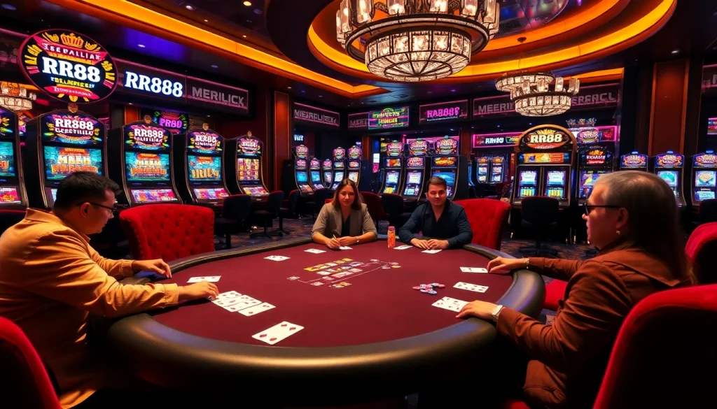 Experience the thrill of RR88 in a vibrant casino setting with poker tables and slot machines.