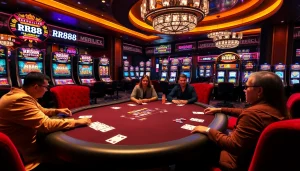 Experience the thrill of RR88 in a vibrant casino setting with poker tables and slot machines.