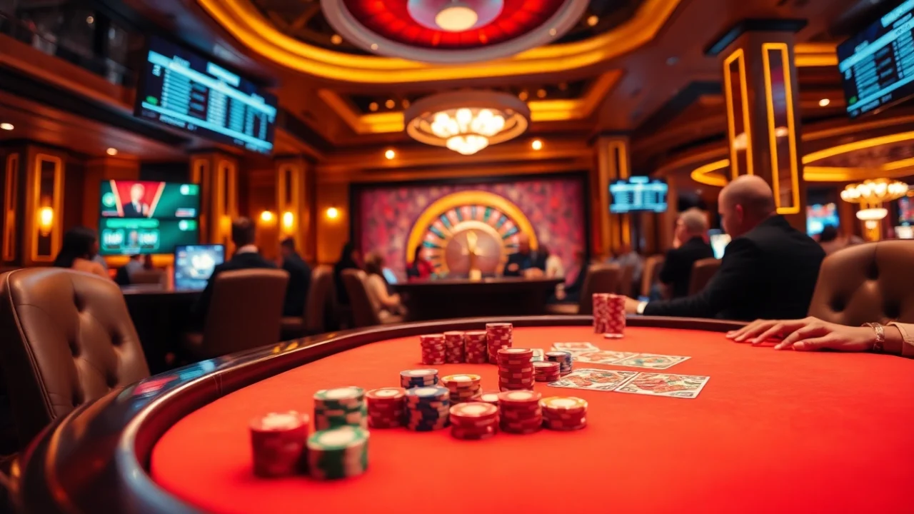 Players engage in an exciting MK 8 game at a vibrant casino table filled with chips and cards.