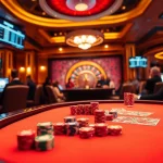 Players engage in an exciting MK 8 game at a vibrant casino table filled with chips and cards.