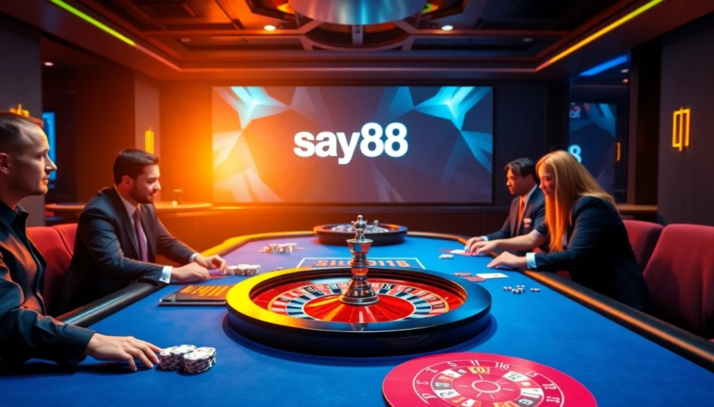 Experience thrilling gameplay at say88's luxurious casino with poker chips and vibrant gaming tables.