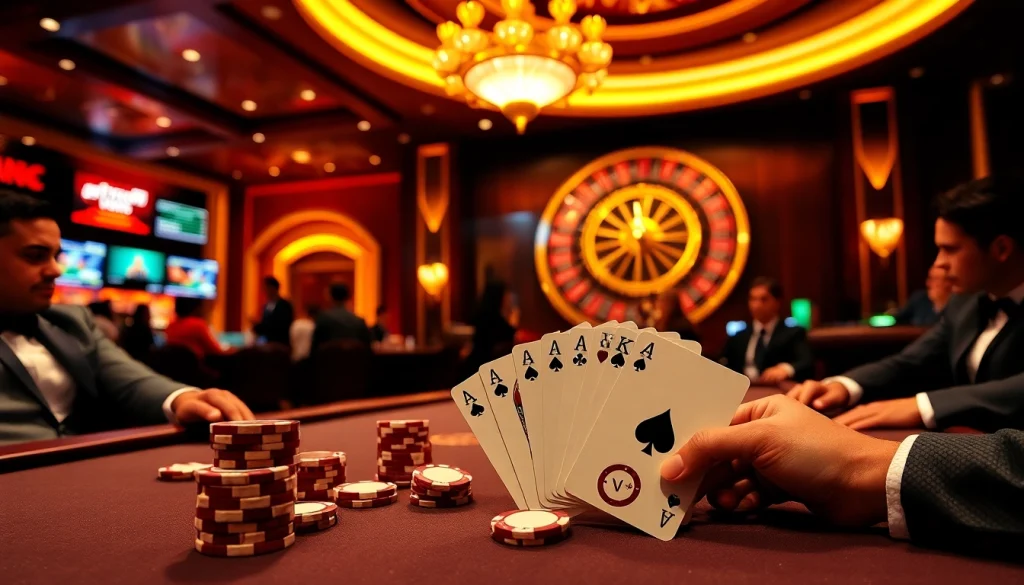 Players enjoying a thrilling game with DF 999 poker chips in a luxurious casino atmosphere.