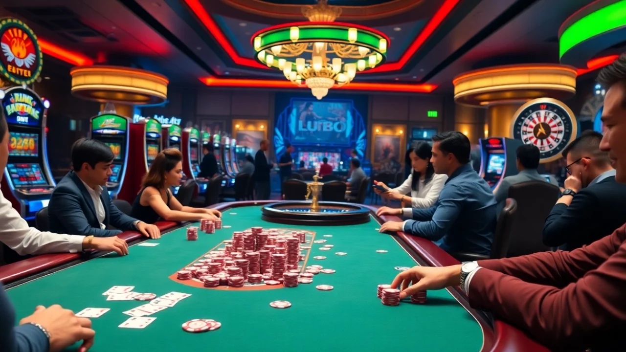 Engaging gamblers at a poker table with high-stakes chips on https://lu88vip.net/ platform.