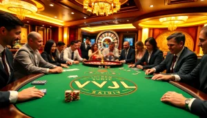 Engaged gamblers play poker at a luxury VVJL casino table, showcasing excitement and casino experience.