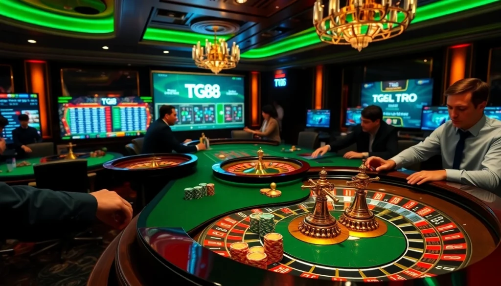 TG88 betting excitement at a vibrant casino table featuring roulette wheels and poker chips.