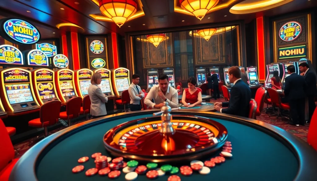 Excited gamblers playing at a luxurious NOHU-themed casino table with vibrant slot machines.
