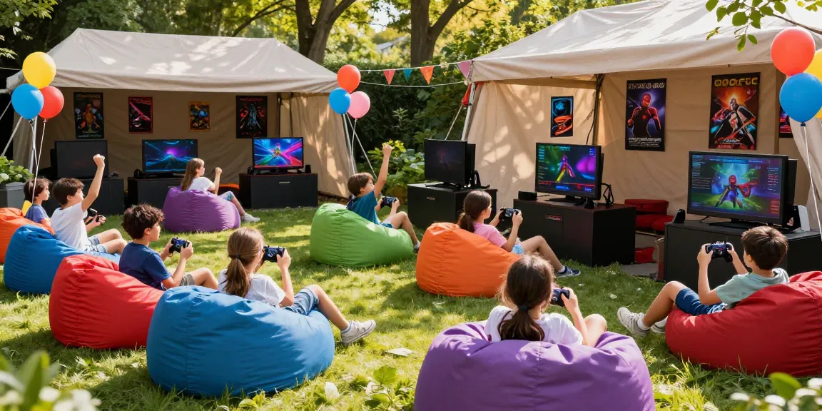 Gaming party London with kids excitedly playing video games in a vibrant garden setup.