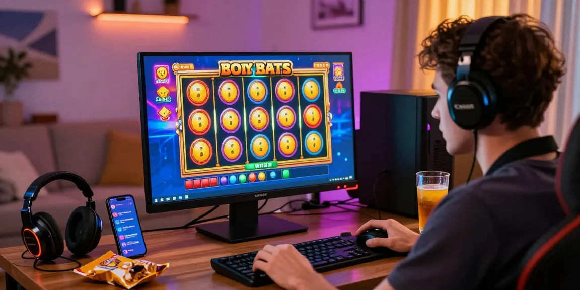 Intense gaming scene showcasing a player engaged with bonus buy slots at https://crownnorthill.co.uk, surrounded by gaming accessories and vibrant graphics.