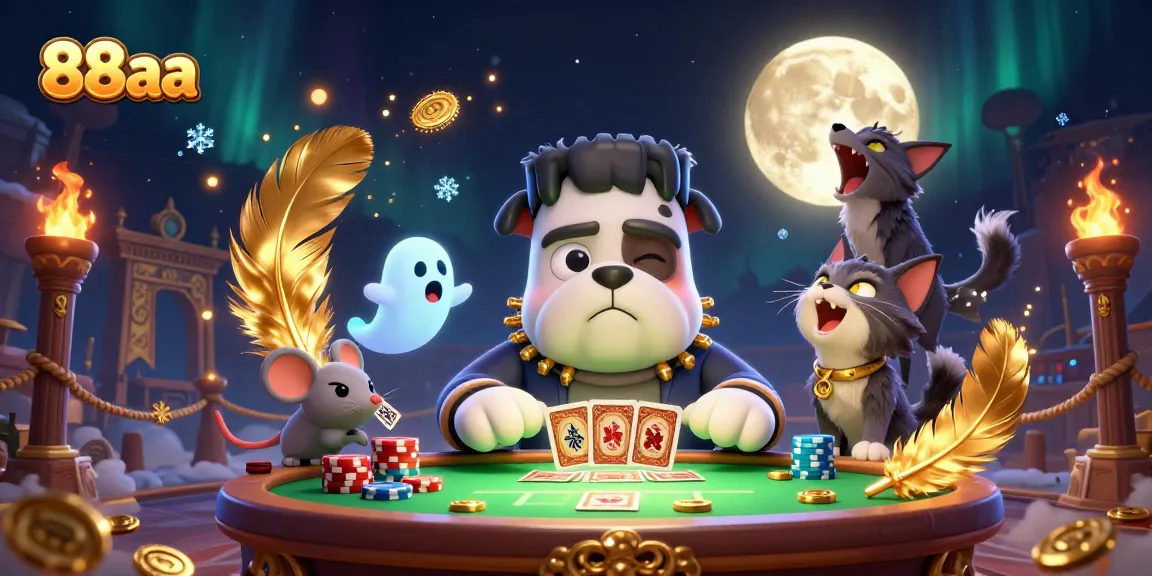 88aa shows a vibrant casino scene featuring a cartoon bulldog dealer and ghost mouse amidst excitement.