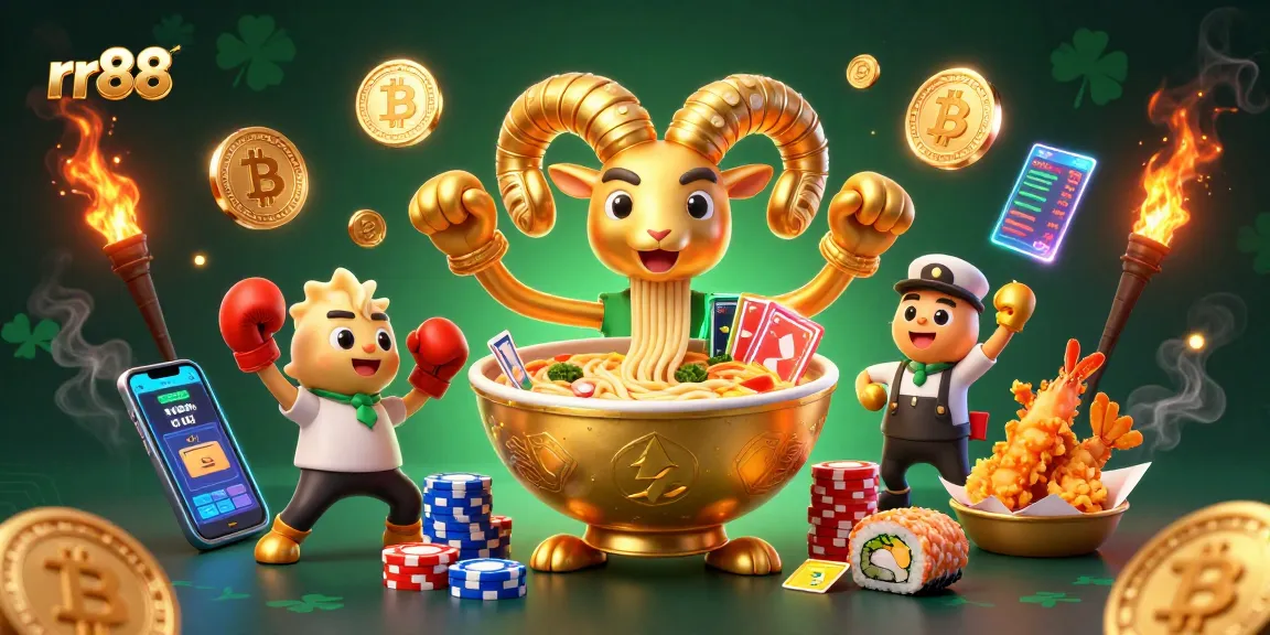 Engage with the thrilling rr88 casino scene featuring a golden ramen bowl dealer and vibrant gaming elements.