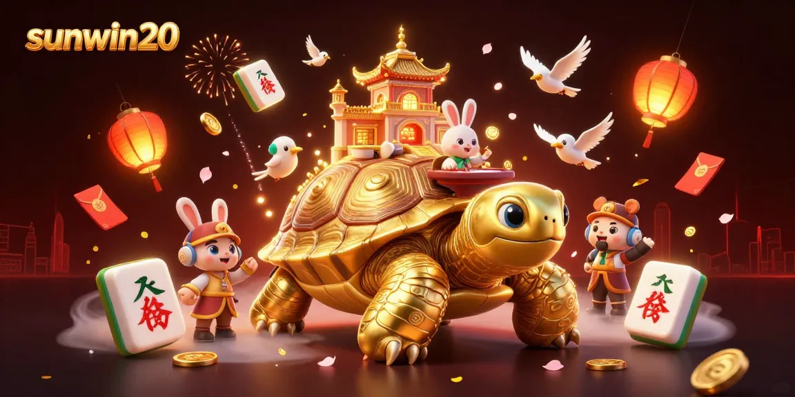 Experience winning gaming excitement with sunwin20 at a vibrant casino scene featuring a golden tortoise and lucky symbols.